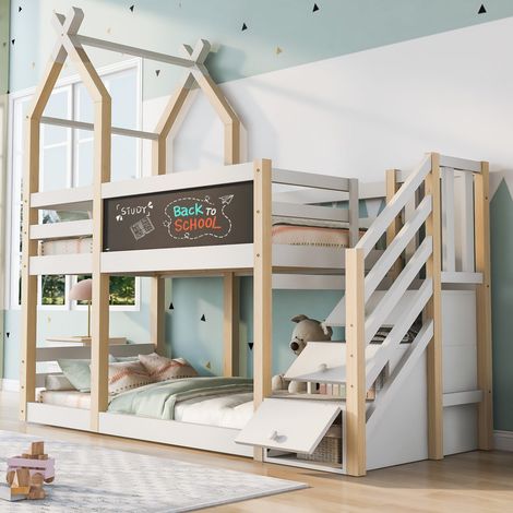 Lit superposé cabane enfant 90x200 cm bois blanc avec rangements, tableau et sécurité, sans matelas (1/5)