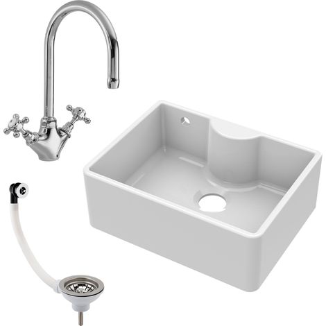 Fireclay 595mm - Single Bowl Butler Kitchen Sink with Tap Ledge, Overflow, Waste and Kitchen Mixer Tap Bundle by Balterley (1/4)