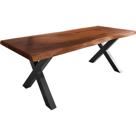 Esstisch Baumkante massiv Akazie nussbaumfarben 200 x 110 X-Gestell Metall schwarz TITAN (1/5)
