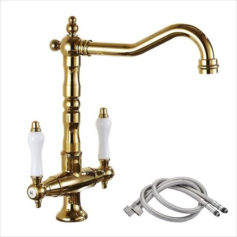 Wasserhahn Küche Vintage, Küchenarmatur 360° Drehbar, Zweigriffmischer Spültischarmatur Kaltes und Heißes Mischbatterie , G3/8 - Gold