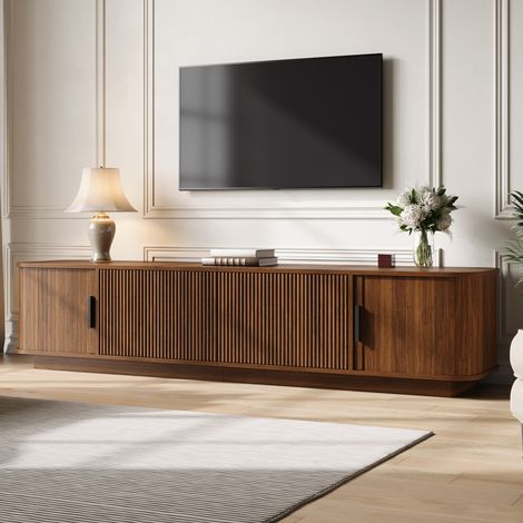 Meuble TV arrondi avec LED 180x40x40 cm, 2 tiroirs à façade ondulée, 2 portes coulissantes rainurées, passe-câbles, MDF et aggloméré (1/5)