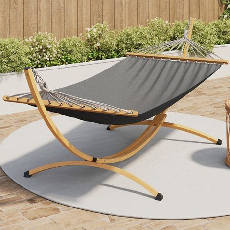 Hamaca XL con soporte metálico efecto madera y lona gris