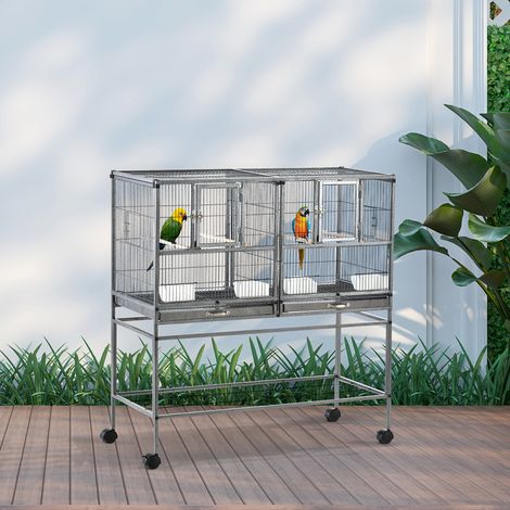 Cage à oiseaux avec séparation mangeoire et perchoir 95L x 45,5l x 102H cm et Noir Gris