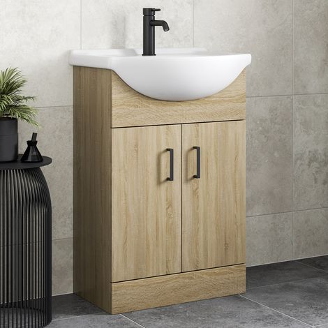 Bathroom Vanity Unit Basin Sink Single Tap Hole Freestanding 560mm Oak Effect (1/5)