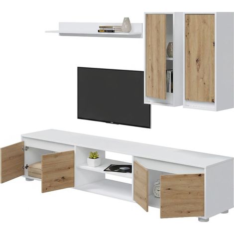 Dmora - Parete attrezzata Astulo, Set da soggiorno, Mobile salotto multiuso, Composizione per salotto moderno, 200x40h114 cm, Bianco e Rovere