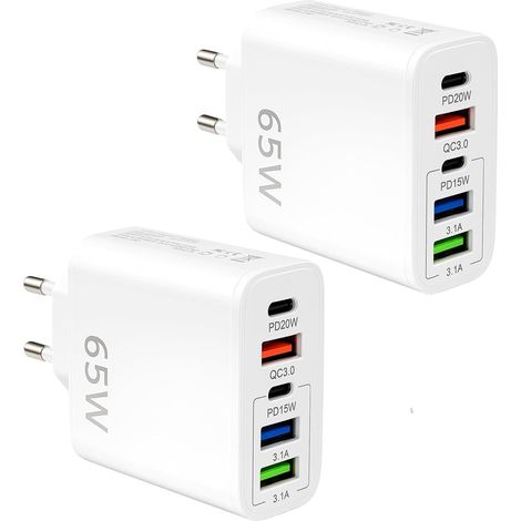 Lot 2 Chargeurs USB C 65W 5 Ports, 2 USB-C PD, 3 USB-A QC3.0 Adaptateur Prise USB multiple Compatible avec 17 16 15 14 téléphone tablette écouteurs montre bureau maison voyage (1/5)