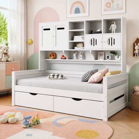 Funktionsbett 90x200 cm Weiß aus Holz mit Stauraum, zwei Schubladen und stabilem Lattenrost (1/5)