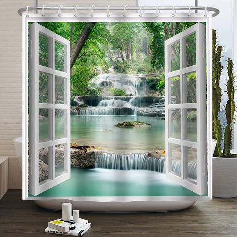 CCYKXA  150x180cm Douche Vue la fenêtre Chute d'eau printanière Arbres Paysage Naturel Paysage Sauvage Rideau de Bain fenêtre Blanche Image Moderne Tissu imperméable pour Salle de Bain avec Crochets