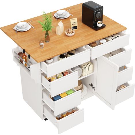 Carro de cocina con 8 cajones, armario, tablero abatible y ruedas, MDF, 122 x 46 x 91,5 cm, blanco (1/5)