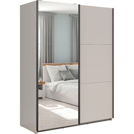 Armoire placard à 2 portes coulissantes dont 1 avec miroir coloris Beige Kashmir - Longueur 153,5 x Profondeur 60 x Hauteur 195,5 cm (1/5)