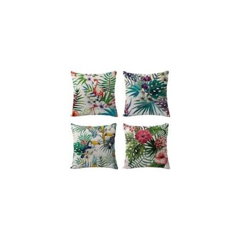 Ein Set aus 4 dekorativen Kissenbezügen mit tropischen Pflanzen- und Vogelmotiven, geeignet für Sofas, Schlafzimmer, Wohnzimmer und Terrassen, 45 x 45 cm.