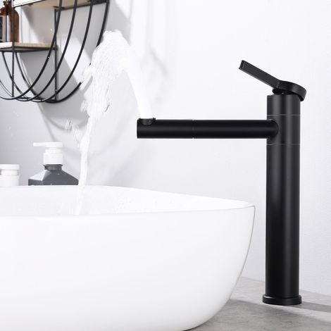 Wasserhahn Bad Schwarz Hoch mit 360°drehbarer Auslauf & Körper - Edelstahl Wasserhahn Bad mit 215 mm Auslaufhöhe - Waschbecken Einhebelmischer Schwarz Matt für Aufsatzbecken (1/5)