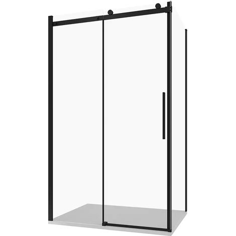 Cabine de douche 100x100 cm Porte coulissante et paroi fixe Profilés aluminium Noir mat Verre transparent 8mm avec traitement Easy-clean - Réversible h195 Mod. Creta