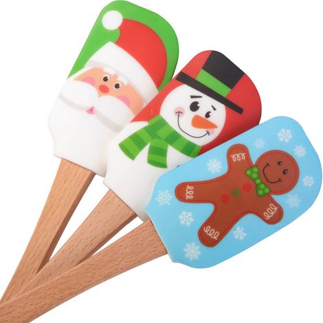 Lot de 3 spatules de Noël en silicone avec manches en bois, en forme de bonhomme en pain d'épice, imprimées avec un motif de bonhomme de neige.-AquaForge (1/4)