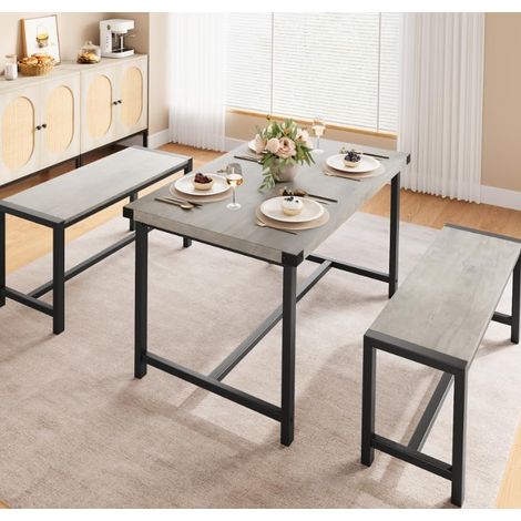 Ensemble Table à Manger Rectangulaire 3 Pièces avec 2 Bancs, Structure en Métal et MDF, Table de Cuisine pour 4 à 6 Personnes, Gris (1/5)