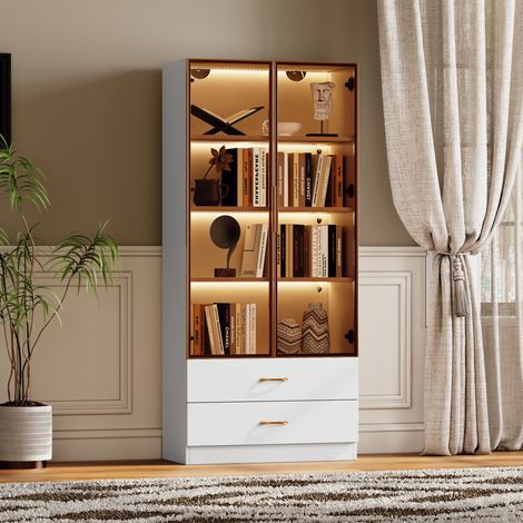Armoire de Salle de Bain Moderne avec 2 Portes, 2 Tiroirs et Niches Ouvertes, pour Salle de Bain, MDF, Blanc (1/5)