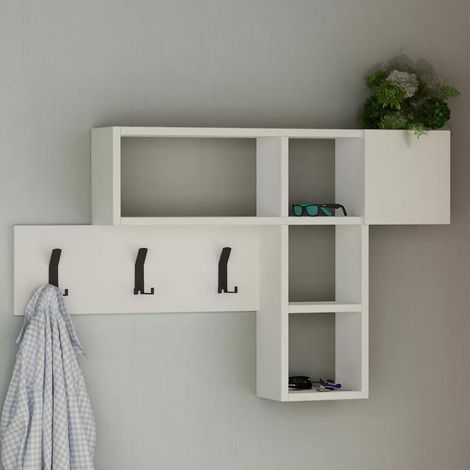 Appendiabiti Attaccapanni Parete Legno 9 Ganci Appendi Abiti cn Mensole Bianco (1/7)