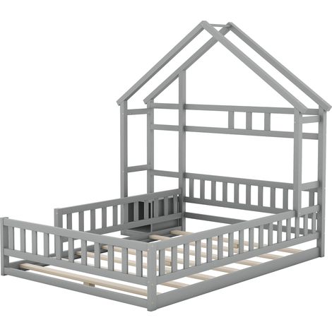 Letto a casetta per bambini 140 x 200 cm grigio con comodino e barriera (1/5)