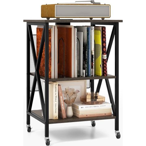 COSTWAY Mesa Auxiliar con Estación de Carga Integrada, Mesita de Noche de 3 Niveles, con Estructura Metálica, 4 Ruedas Universales y Separadores, Soporte para Tocadiscos para Salón (Gris) (1/5)