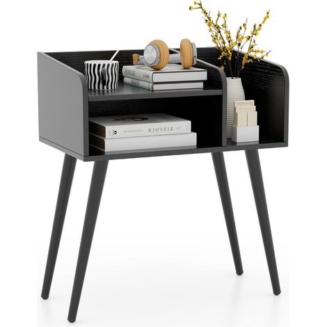 Mesita de noche, mesa auxiliar con compartimento abierto, mesa para sofá con patas de soporte de metal, 50 x 32 x 58 cm, negro, 1 pieza (1/5)