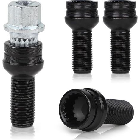 4 Écrous Antivol Roue M14x1.5 Acier Carbone Clé Sécurité Protection Jantes Revêtement Zinc Noir (1/5)