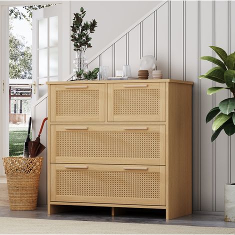 Cómoda de 4 cajones de ratán, MDF y madera, color natural 80 x 80 x 38 cm DESVIAE (1/5)
