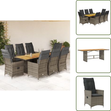 Sitzkissen - vidaXL 9-tlg. Garten-Essgruppe mit Kissen Grau Poly Rattan - Rückenkissen (1/5)