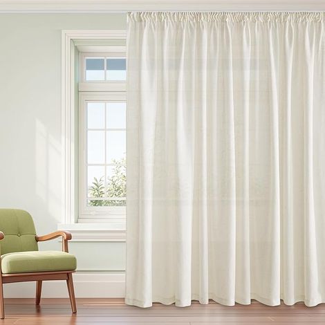 Natural Linen Sheer Curtain - Semi-Transparent Living Room Decoration Home Ruffle Trim Width 300 cm x Height 245 cm, Light Beige, (1/5)
