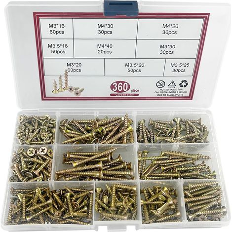 270 Vis à bois, Tête fraisée Pozidriv, Acier zingué jaune, M3/M3.5/M4, Pour panneaux de particules et bricolage (1/5)