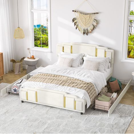 Doppelbett 160x200 cm beige in Samt mit LED-Beleuchtung, Stauraum und dekorativer Edelstahlleiste (1/5)