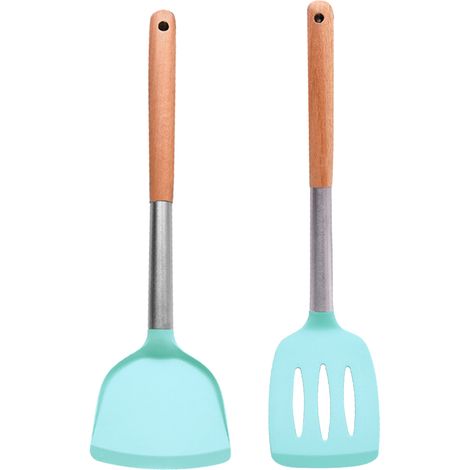 Cuillère En Silicone - Pelle En Silicone - Manche Acier Inoxydable Et Bois - Résistant À 230 °C - Pour Casseroles Et Poêles Antiadhésives - Lot De 2 (1/5)