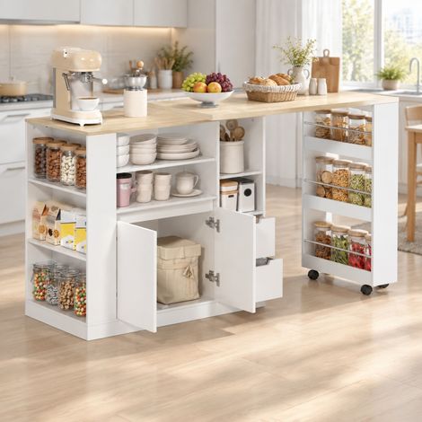 Isola da cucina con piano girevole ed estraibile, 115 x 50 x 92 cm, MDF bianco e naturale OKMYHOME (1/5)