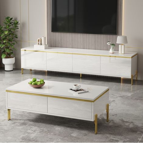 TV-Möbel- und Couchtisch-Set (170x38x50 cm, 100x50x36 cm), hochglänzend, Stauraum, Spanplatte, Weiß (1/5)