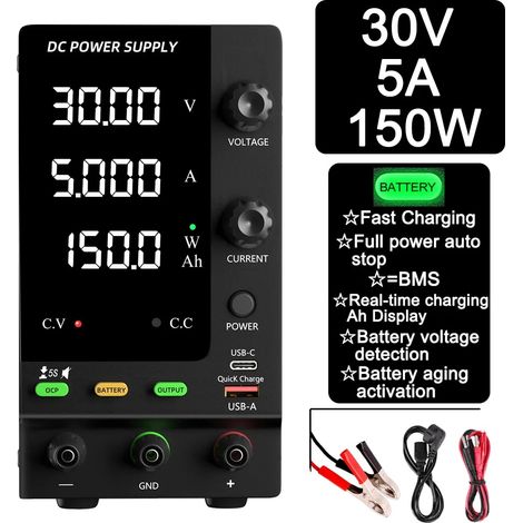 Fuente de alimentación de CC, ajustable a 30 V 10 A, modo de carga inteligente, SPPS-C305C 30V5A (1/2)