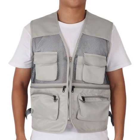 Veste de pêche respirante avec nombreuses poches, idéale pour activités militaires et extérieures - Taille XXL Gris