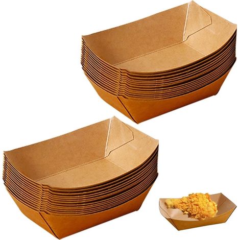 100 Pièces Barquette Carton Kraft Alimentaire, Barquette Frite Jetable , Boite Alimentaire Jetable Forme Bateau pour Collations, Sauces, burger, nachos,Currywurst, Salade, Sushis,12,5 x 8,3 x 3,6CM (1/5)