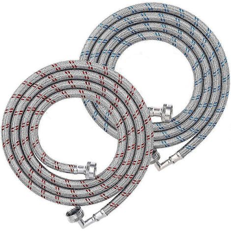 Ensemble de 2 tuyaux de lave-linge de 1,2 m (4 pi), en acier inoxydable tressé anti-éclatement, avec coude à 90°. (1/5)