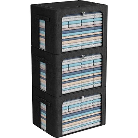 Lot de 3 bacs de rangement pliables – Boîte de rangement empilable en lin avec fenêtre transparente et poignées de transport – Grande capacité (XL - 100 L, noir) (1/5)