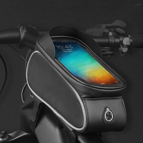 Sac de Cadre de Vélo Anti-éclaboussures, Pochette de Vélo pour écran Tactile Sensible pour Téléphone de 6.5 Pouces, Tissu Composite PU Noir (Noir) (1/5)