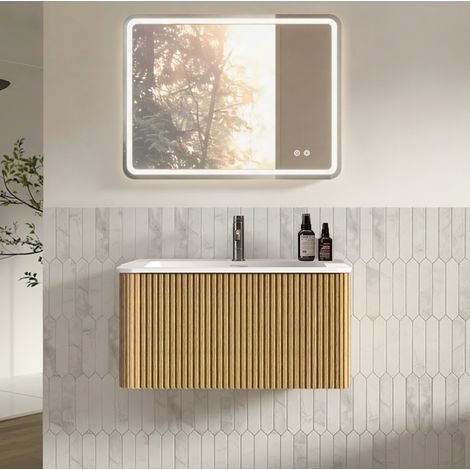 Mobile bagno con lavabo e specchio LED 80 cm, sospeso, color rovere, preassemblato HAVRYA (1/5)