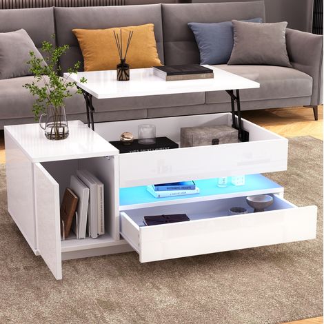Mesa de centro de aglomerado blanco brillo 95 cm, tablero elevable, LED RGB, 1 cajón y 1 armario (1/5)