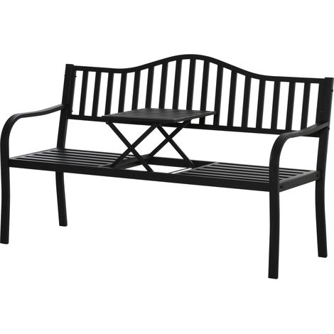 Banc de jardin 2 places avec table extensible, charge 240 kg, dossier et accoudoirs, noir 150 x 58,5 x 90 cm