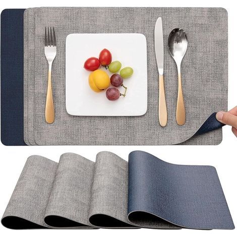 Ineasicer Sets de Table Lavable Double Face Bicolore en Cuir, Set Table Antidérapants Faciles à Nettoyer, Set de Table Lot de 4,Gris/Bleu (1/4)