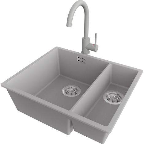 PRIMAGRAN Evier Sous Plan 56x47cm,Evier en Granit 1,5 bacs + Robinet 32x20cm + Kit de Vidage, Évier au meuble 60cm - London Duo, Gris (1/5)