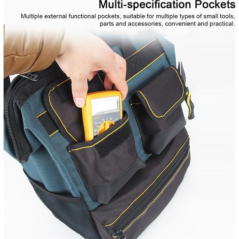 Borsa porta attrezzi con ampia apertura, organizer versatile con molteplici tasche, cinghie regolabili e scomparto in PE per riporre attrezzature professionali a casa. (1/5)