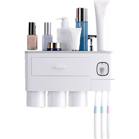 Porte-brosses à dents mural gris, fixation magnétique, étagère de rangement pour salle de bain avec tiroir, distributeur de dentifrice, 3 compartiments (1/4)