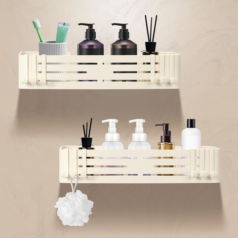 Lot de 2 - Étagère douche - Organisateur salle de bain - Fixation ventouse sans perçage - Aluminium résistant 10kg - Pour carrelage et verre - Crème - 32x13x6,6cm