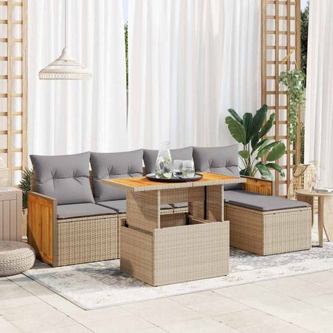 Salon de jardin 6 pcs avec coussins beige résine tressée acacia (1/5)