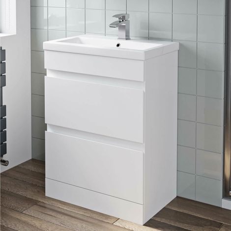 White Gloss Bathroom Furniture Vanity Unit with Basin Sink Cabinet Storage 600mm Drawer (1/8)