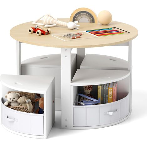 Goplus – Table ronde enfant avec 4 tabourets empilables – 4 tiroirs en tissu – Patins antidérapants – Dimensions 79x79x51 cm – À partir de 3 ans (1/5)
